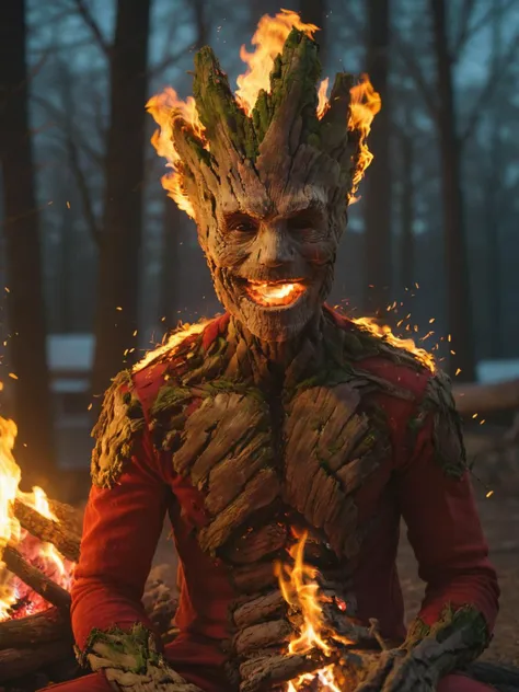 Groot1024, <lora:Santa Claus:1>, a human-tree wearing Santa Claus costume, ((head on fire)), smoke, smile, sitting in front of a campfire to keep warm, highly detailed, photography, ultra sharp, film, bokeh, professional, 4k <lora:Groot1024:0.4>,  <lora:Aether_Fire_v1_SDXL_LoRA:0.8>,