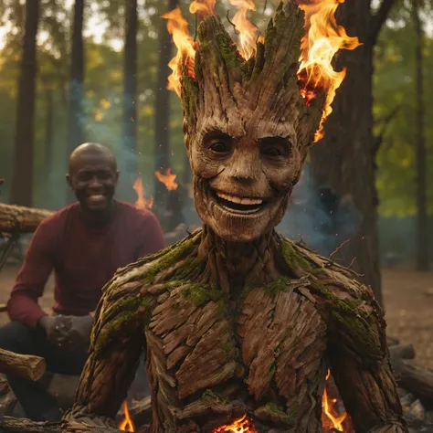 Groot1024, a human-tree, smile, ((christmas costume)), sitting in front of a campfire to keep warm, head on fire, smoke, highly detailed, photography, ultra sharp, film, bokeh, professional, 4k <lora:Groot1024:0.5>,  <lora:Aether_Fire_v1_SDXL_LoRA:0.75>