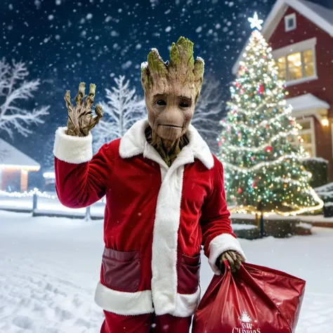 Groot1024 as Santa Claus in the snow at Christmas Eve, (wearing Santa Claus jacket and trousers:1.2), (Santa hat:1.1), 16k, uhd, dslr, film grain, insane details, award-winning photo, fine texture, <lora:Groot1024:0.5>, <lora:Santa Claus:0.6>, <lora:xl_more_art-full_v1:0.3>, snowing, Christmas tree, lights, Santa red bag