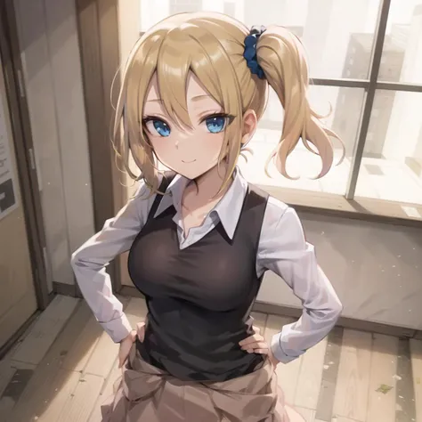 2d, masterpiece, best quality, anime, highly detailed eyes, highly detailed face, highly detailed background, perfect lighting, full body, 1girl, kaguya-sama wa kokurasetai ~tensai-tachi no renai zunousen~, hayasaka ai, blonde hair, side ponytail, blue scrunchie, short hair, sidelocks, hair between eyes, standing, hands on hips, indoors, light smile <lora:hayasaka:0.7>