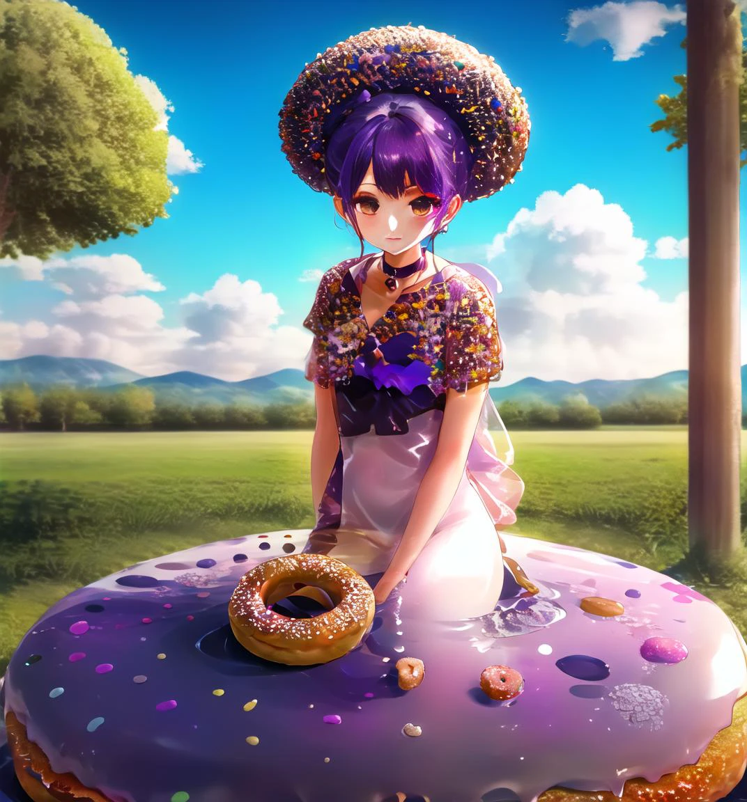 doughnut, 1 girl,building, outdoor, purple hair, golden milk,wind <lora:donut:1>