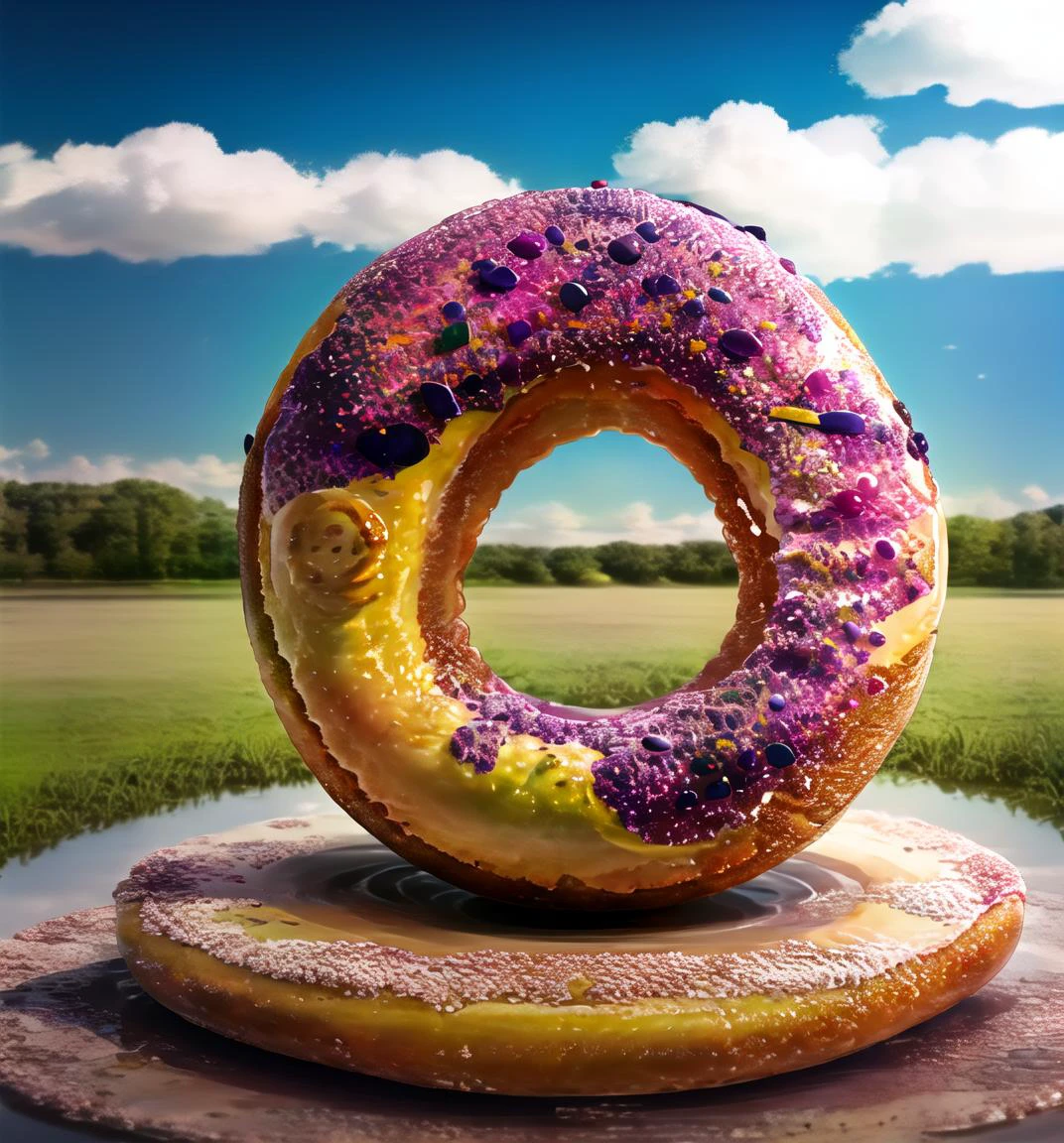 doughnut,,building, outdoor, purple hair, golden milk,wind ,no human <lora:donut:1>
