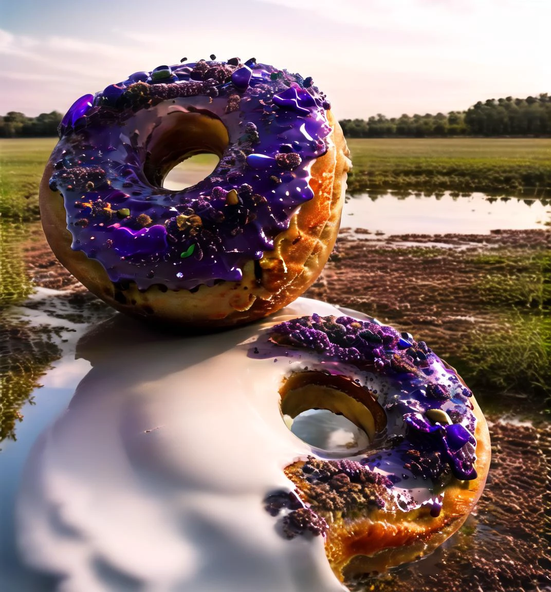 doughnut,cicle building, outdoor, purple hair, golden milk,wind ,no human <lora:donut:1>