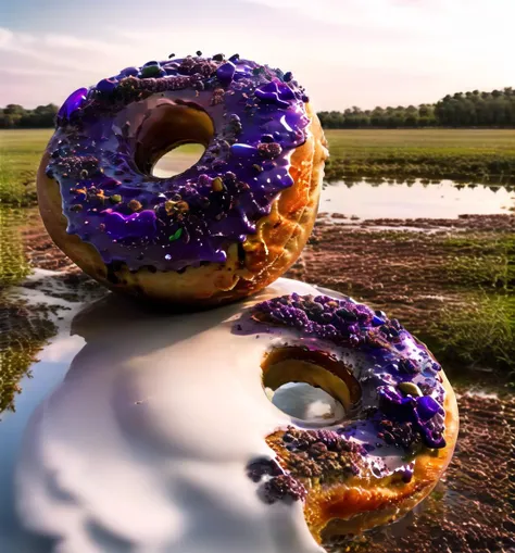 doughnut,cicle building, outdoor, purple hair, golden milk,wind ,no human  <lora:donut:1>