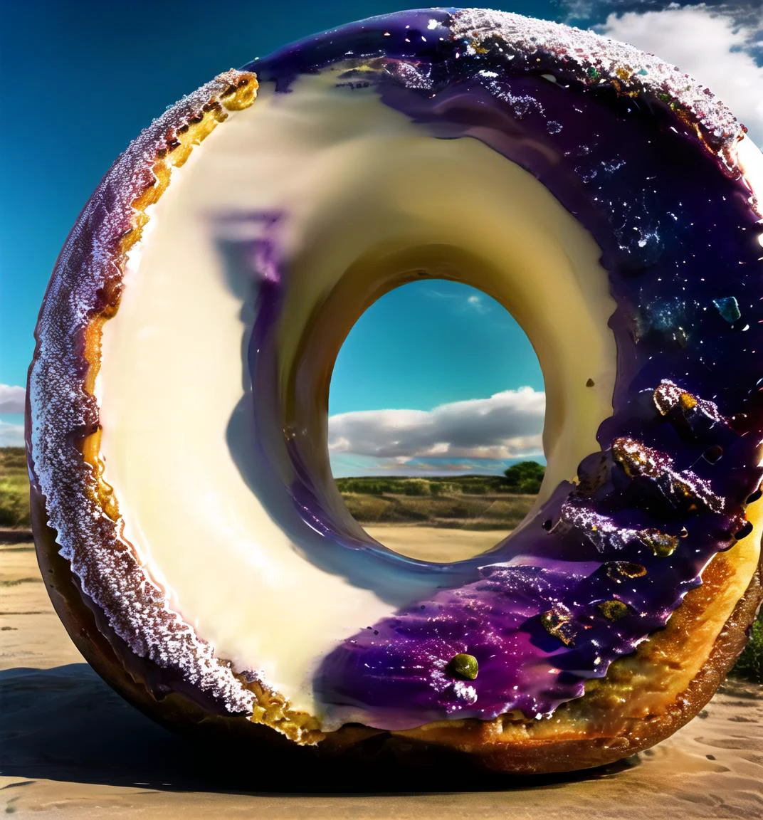 doughnut,cicle building, outdoor, purple hair, golden milk,wind ,no human <lora:donut:1>