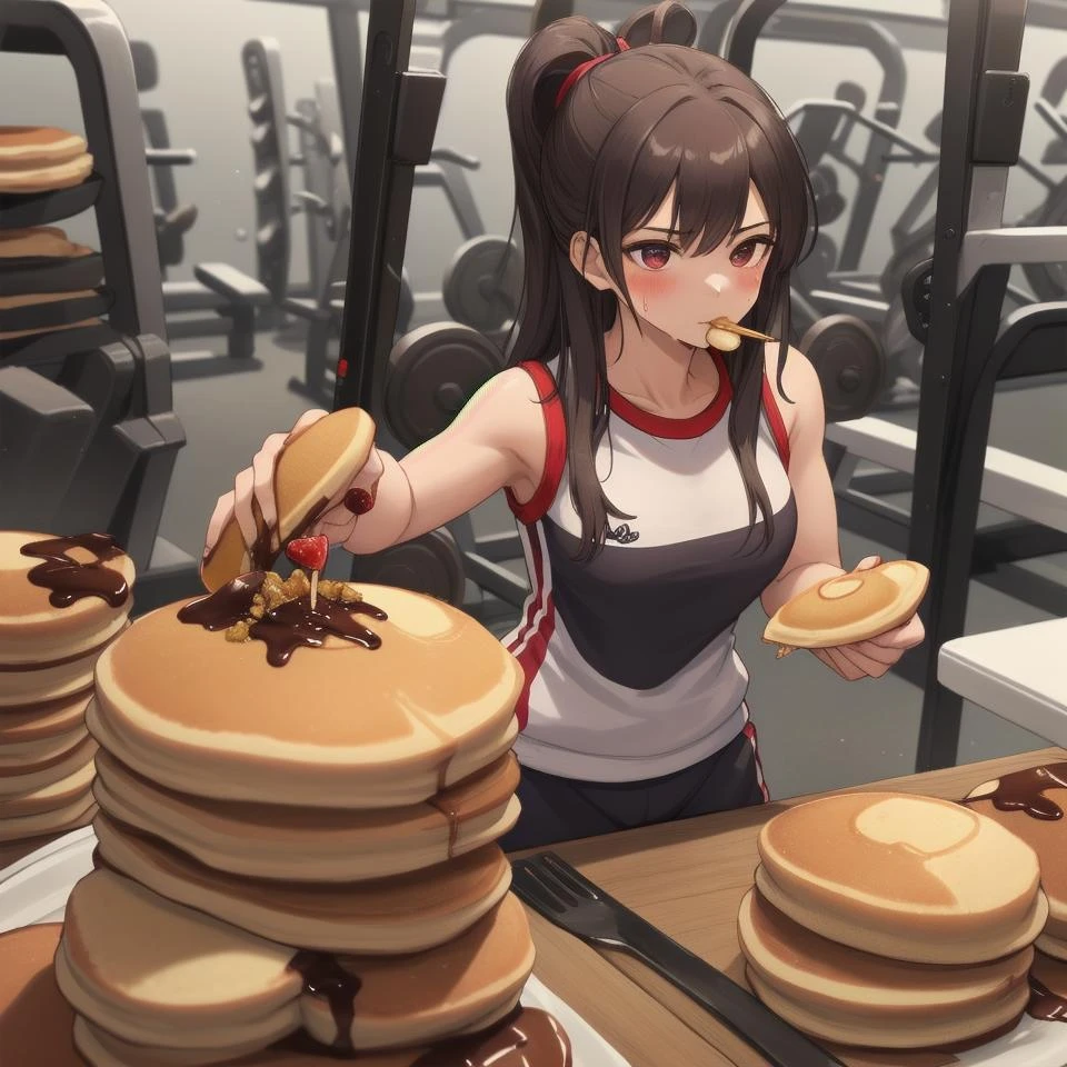 <lora:dessert:0.3> food, dessert, detailed gym with pancake, sweltering 1girl smoking