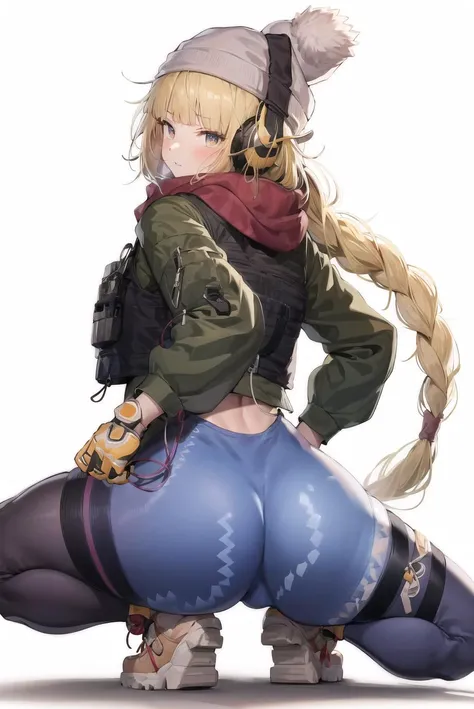 vhsKeeper, 1girl, solo, ass, squatting,hat, looking back, white background, scarf, pants, bodysuit, long hair, headphones, bulletproof vest, looking at viewer <lora:vhskeeper-pynoise:1>