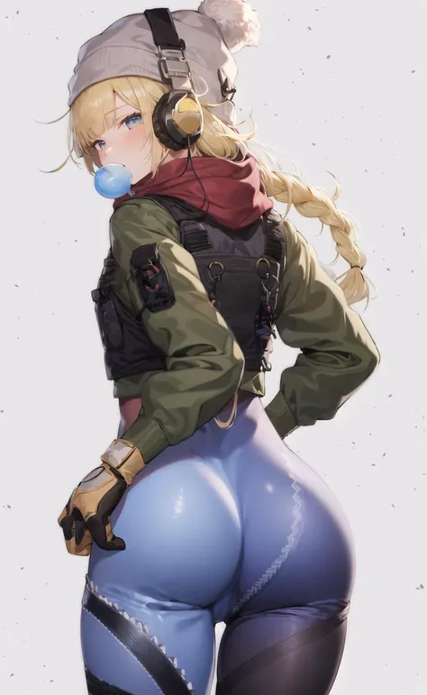 vhsKeeper, 1girl, solo, chewing gum, bubble blowing, ass, hat, looking back, white background, scarf, pants, bodysuit, long hair, headphones, bulletproof vest, looking at viewer <lora:vhskeeper-pynoise:1>