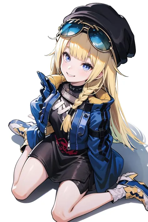 (masterpiece,best quality, detailed), indoors, looking at viewer, 1girl, solo, full body, from above, smile, sitting, wariza,
original outfit, 1girl, solo, long hair, hat, white background, jacket, smile, blue jacket, alternate costume, simple background, eyewear on head, <lora:vhs-pynoise-000009:1>