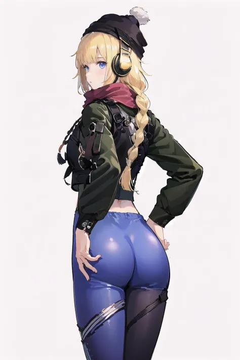 vhsKeeper, 1girl, solo,hands on hips, ass, hat, looking back, white background, scarf, pants, blue pants, long hair, headphones, bulletproof vest, looking at viewer, <lora:vhs-pynoise-000009:1>