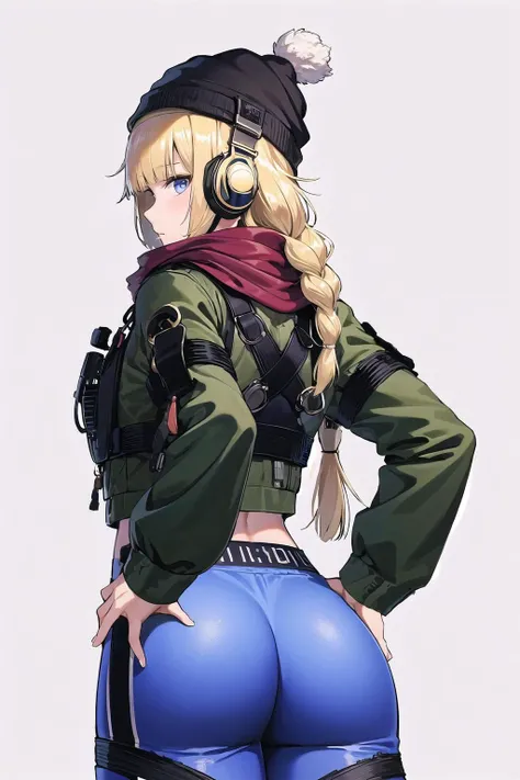 vhsKeeper, 1girl, solo,hands on hips, ass, hat, looking back, white background, scarf, pants, blue pants, long hair, headphones, bulletproof vest, looking at viewer, <lora:vhs-pynoise-000009:1>