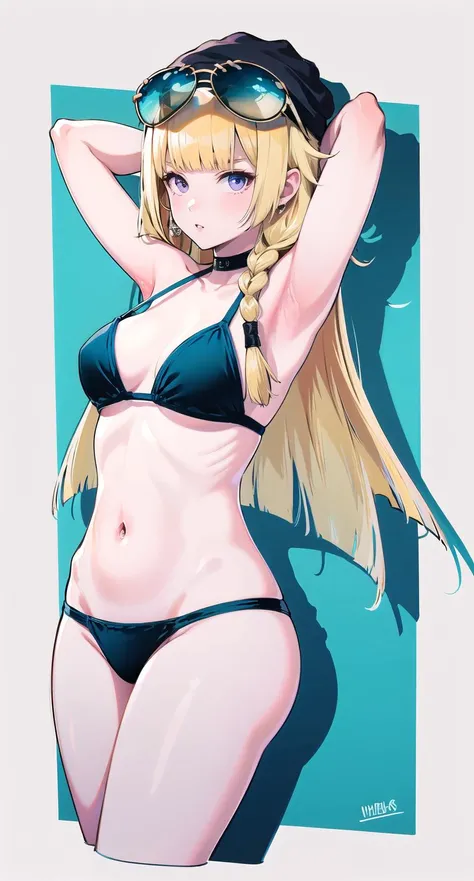 original outfit, 1girl, , swimsuit, , solo, long hair, navel, eyewear on head, sunglasses, black , looking at viewer, , cropped legs, arms behind head, arms up <lora:vhs-pynoise-000009:1>