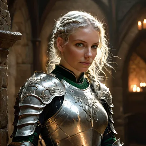 Professional ((full body)) photograph of  <lora:evlilly_xl_1:0.9>, beautiful 30yo white woman with green eyes and long white hair, braided hair, soft light pink lips, she's wearing a medieval armor, it's a silver armor with ornate draconic details, embossed dragon head on her armor, she has a long red cloak, medieval hero, fantasy genre, dungeons and dragons, action hero, she's a paladin, d&d, fantasy genre, muscular figure, full body plate armor. <lora:Soul_Knight_SDXL_-_By_HailoKnight:0.6> soul knight. Holy paladin with glowing white aura. She's standing in a medieval tavern, inn, looking at the viewer, smiling gently, 4k, 8k, masterpiece, highest quality, absurdres, bokeh.