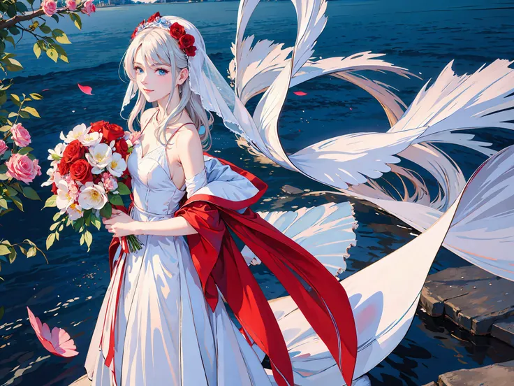 masterpiece,best quality, 1girl, bare shoulders, white hair, veil, blue eyes, very long hair, grin, bouquet, day, dress, flower, holding, holding bouquet, lake, looking at viewer, nature, outdoors, red flower, rose, solo, standing, tree, water, water drop, waterfall, wet sky, cloudy sky, building, sun