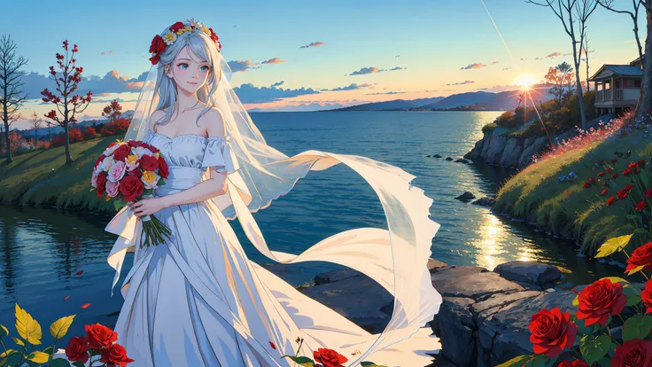 masterpiece,best quality, 1girl, bare shoulders, white hair, veil, blue eyes, very long hair, grin, bouquet, day, dress, flower, holding, holding bouquet, lake, looking at viewer, nature, outdoors, red flower, rose, solo, standing, tree, water, water drop, waterfall, wet sky, cloudy sky, building, sun