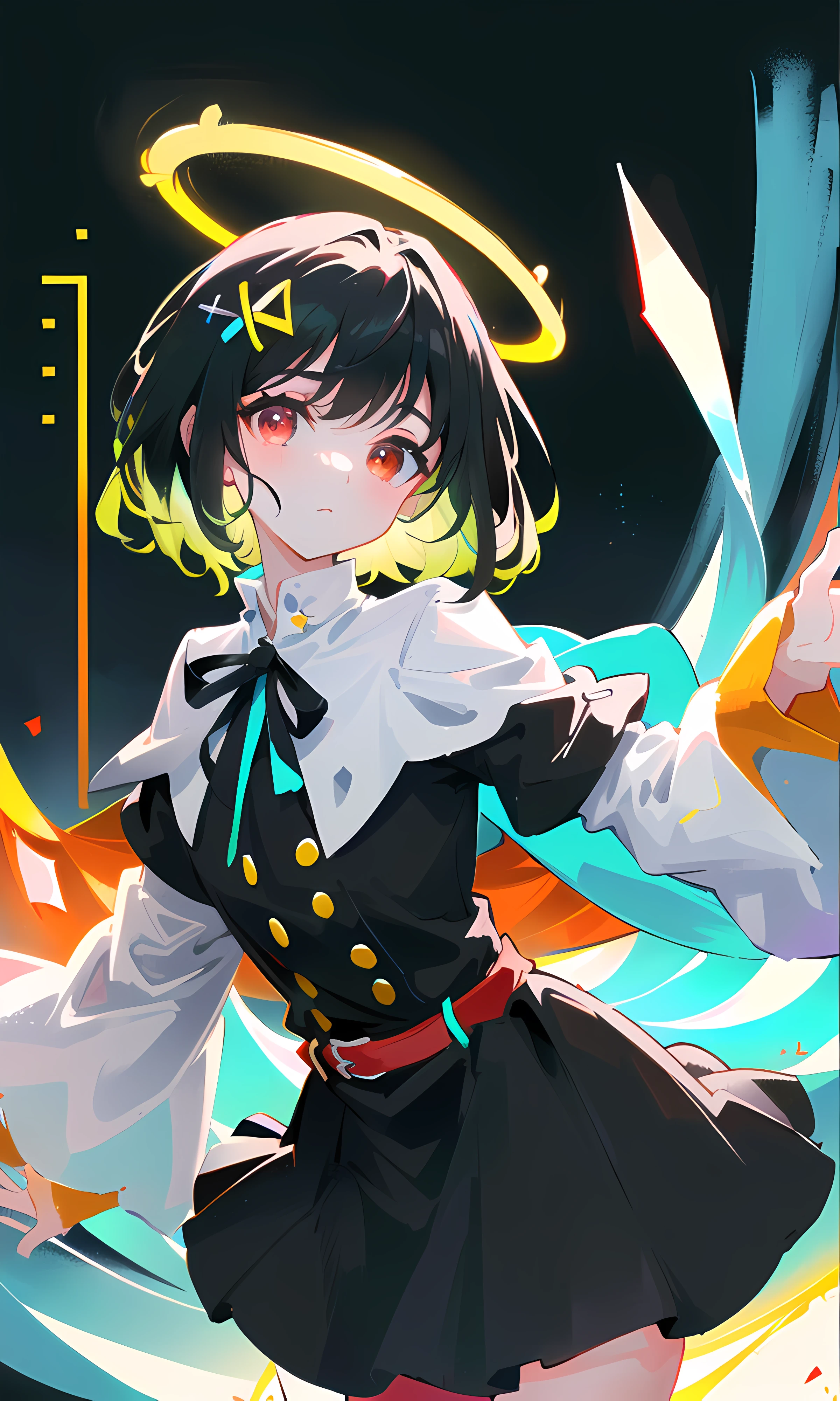 [[(((prism, glowing, glitter, particles, bloom, extra lights, cinematic lights, glowing white particles, +a))), (small:1.1),(Highest picture quality),(Master's work), (ultra-detailed),(Detailed eye description:1.2),(floating colorful wind:1.4),(jumping:1.4),(leaning forward:1.3),(manny colorful clouds and thorns and spikes:1.0),(clouds sea:1.4),(lens flare:1.3),, (closed mouth:1.17),(movie poster:1.0),(Tarot border:1.2),(red armor:1.4), (eyelashes), ((formal,military)),(skirt:1.4),(multicolored floating ribbon:1.3),(red ribbon:1.3),floating ribbons,(crystal magic:1.3),(thigh bands),(black hair:1.5),(short hair:1.6),the portrait is centered,(from below:1.1),from side,(close-up:1.2),(chaotic geometric images:1.3),(nagative space:0.8), (negative space:1.6),(drawing board:1.3),(halo:1.3),(ether colorful ink flowing:1.3),(red eyes:1.5), ((reflection, (neon lights:1.5))), ((colorful, multicolored)), night, (forehead:1.3), sky, shiny,  ((solo)), (dynamic pose:1.5), head tilt, , (black cape:1.4), (asymmetrical hair:1.6), head wings, ice wings, (missb0tez:1.0) (4ndreab0tez-1850:1.0), (beautiful detailed glow:1.1),black_theme,red theme]], <lora:theovercomer8sContrastFix_sd15:0.4>