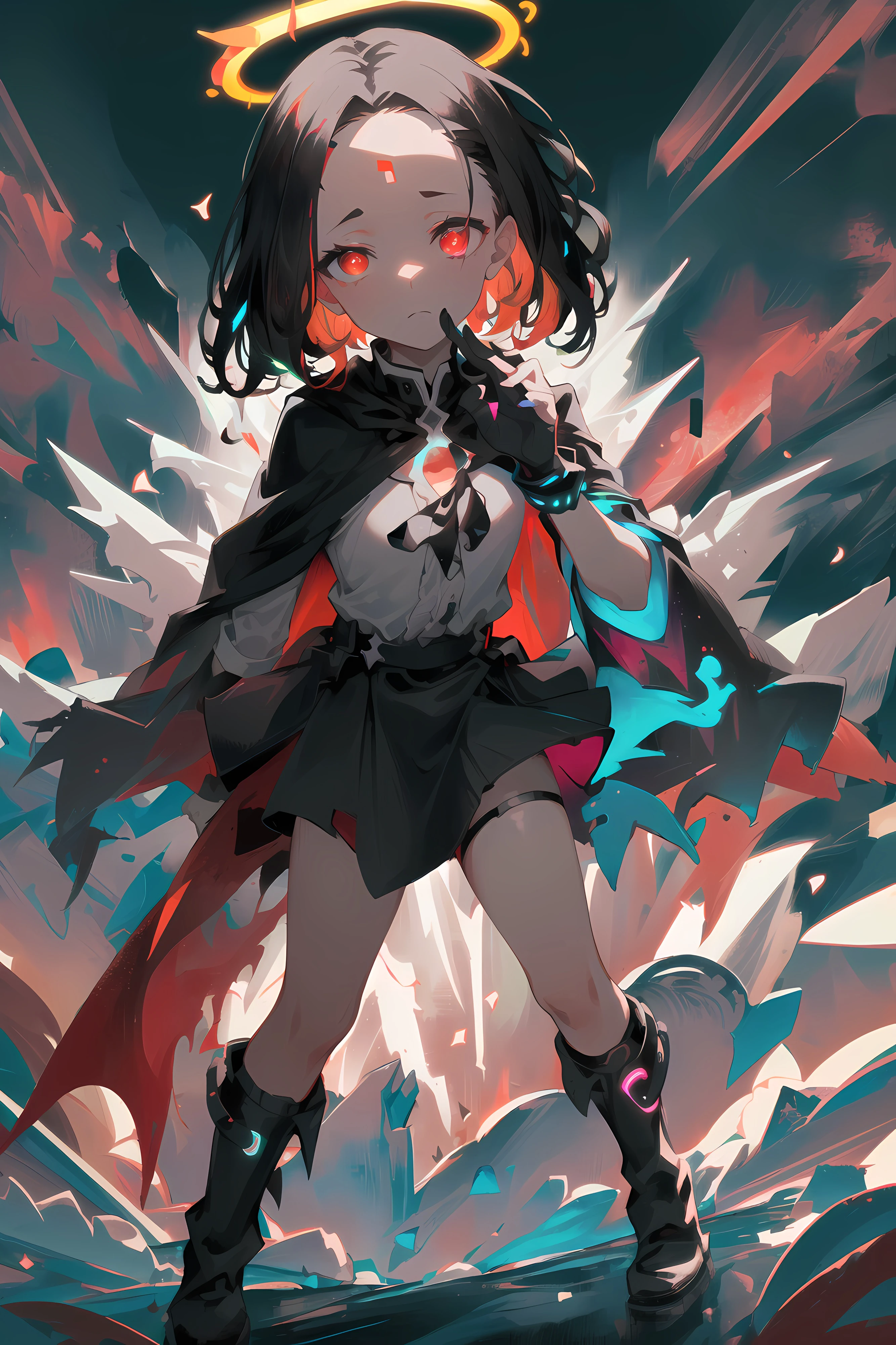 (((prism, glowing, glitter, particles, bloom, extra lights, cinematic lights, glowing white particles, +a))), (small:1.5),(Highest picture quality),(Master's work), (ultra-detailed),(Detailed eye description:1.2),(floating colorful wind:1.4),(jumping:1.4),(leaning forward:1.3),(manny colorful clouds and thorns and spikes:1.0),(clouds sea:1.4),(lens flare:1.3),, (closed mouth:1.17),(movie poster:1.0),(Tarot border:1.2),(red armor:1.3), (eyelashes), ((formal,military)),(skirt:1.4),(multicolored floating ribbon:1.3),(crystal magic:1.3),(thigh bands),(black hair:1.5),(short hair:1.6),the portrait is centered,(from below:1.1),(close-up:1.2),(chaotic geometric images:1.3),(nagative space:0.8), (negative space:1.6),(drawing board:1.3),(halo:1.3),(ether colorful ink flowing:1.3),(red eyes:1.5), ((reflection, (neon lights:1.5))), ((colorful, multicolored)), night, (forehead:1.6), sky, shiny, ((solo)), (dynamic pose:1.5), head tilt, , (black cape:1.4), (asymmetrical hair:1.6), head wings, ice wings, (missb0tez:0.7) (4ndreab0tez-1850:0.7), child, (beautiful detailed glow:1.1),black_theme,red theme, <lora:theovercomer8sContrastFix_sd15:0.64>