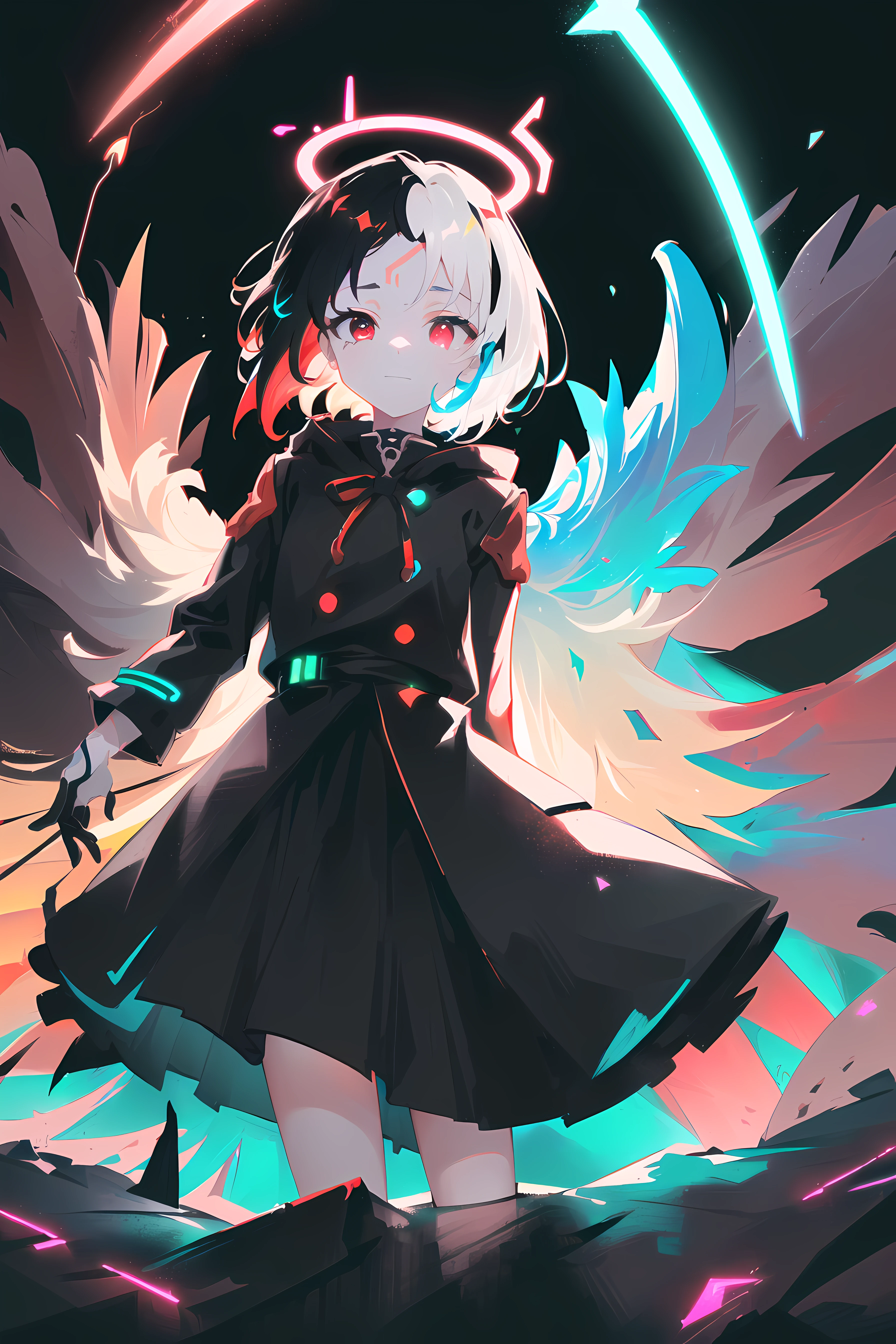(((prism, glowing, glitter, particles, bloom, extra lights, cinematic lights, glowing white particles, +a))), (small:1.2),(Highest picture quality),(Master's work), (ultra-detailed),(Detailed eye description:1.2),(floating colorful wind:1.4),(jumping:1.4),(leaning back:1.3),(manny colorful clouds and thorns and spikes:1.0),(clouds sea:1.4),(lens flare:1.3),(smile:1.2), (closed mouth:1.3),(movie poster:1.0),(Tarot border:1.2),(red armor:1.3), (eyelashes), ((formal,military)),(skirt:1.4),(multicolored floating ribbon:1.3),(crystal magic:1.3),(thigh bands),(black hair:1.5),(short hair:1.6),the portrait is centered,(from below:1.1),(close-up:1.2),(chaotic geometric images:1.3),(nagative space:0.8), (negative space:1.6),(drawing board:1.3),(halo:1.3),(ether colorful ink flowing:1.3),(red eyes:1.5), ((reflection, (neon lights:1.5))), ((colorful, multicolored)), night, (forehead:1.3), sky, shiny, ((solo)), (dynamic pose:1.0), (long coat:1.2), , (asymmetrical hair:1.6), head wings, ice wings, (missb0tez:0.7) (4ndreab0tez-1850:0.7), (beautiful detailed glow:1.1),black_theme,red theme, <lora:theovercomer8sContrastFix_sd15:0.64>