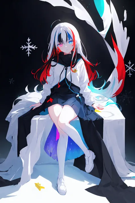 masterpiece, best quility, high_quality, high_resolution, masterpiece*portait, whitespace, 1girl, solo, prism eyes, prism hair, prism, serious, [silver|white] + (blue:-0.3) hair, blue+red eyes, gradient eyes, multicolored eyes, The calming, full body, glowing, glowing eyes, glowing white particles, glitter, bloom