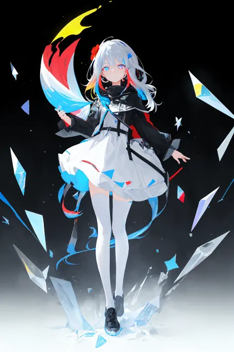 masterpiece, best quility, high_quality, high_resolution, masterpiece*portait, whitespace, 1girl, solo, prism eyes, prism hair, prism, serious, [silver|white] + (blue:-0.3) hair, blue+red eyes, gradient eyes, multicolored eyes, The calming, full body, glowing, glowing eyes, glowing white particles, glitter, bloom