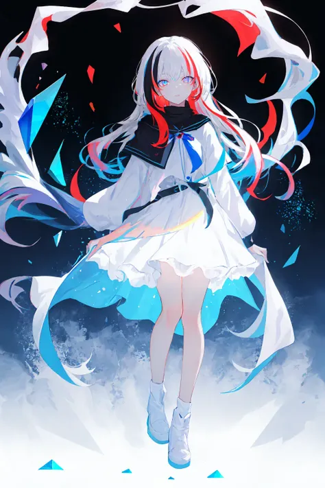 masterpiece, best quility, high_quality, high_resolution, masterpiece*portait, whitespace, 1girl, solo, prism eyes, prism hair, prism, serious, [silver|white] + (blue:-0.3) hair, blue+red eyes, gradient eyes, multicolored eyes, The calming, full body, glowing, glowing eyes, glowing white particles, glitter, bloom