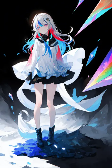 masterpiece, best quility, high_quality, high_resolution, masterpiece*portait, whitespace, 1girl, solo, prism eyes, prism hair, prism, serious, [silver|white] + (blue:-0.3) hair, blue+red eyes, gradient eyes, multicolored eyes, The calming, full body, glowing, glowing eyes, glowing white particles, glitter, bloom