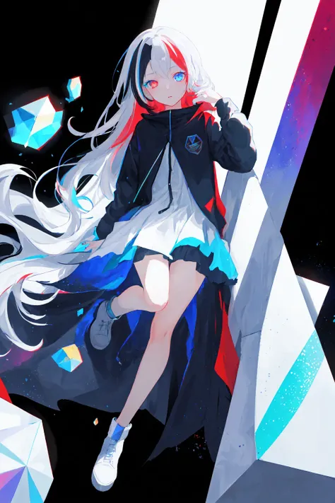 masterpiece, best quility, high_quality, high_resolution, masterpiece*portait, whitespace, 1girl, solo, prism eyes, prism hair, prism, serious, [silver|white] + (blue:-0.3) hair, blue+red eyes, gradient eyes, multicolored eyes, The calming, full body, glowing, glowing eyes, glowing white particles, glitter, bloom