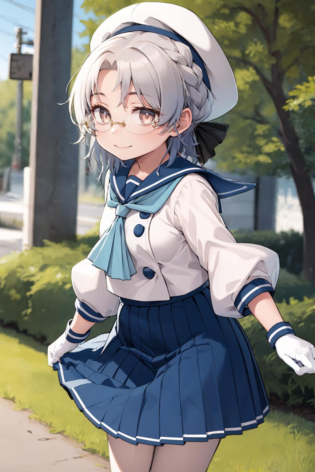 Anime girl in a sailor outfit walking down a sidewalk - SeaArt AI