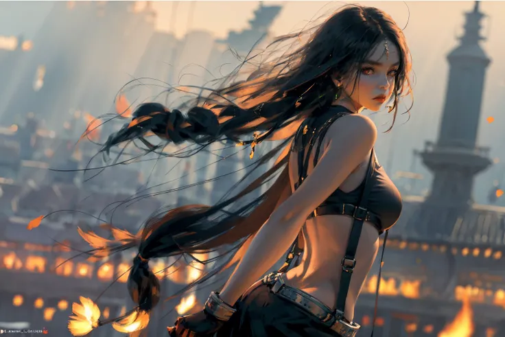 1girl, solo, long hair, looking at viewer, skirt, large breasts, shirt, black hair, red eyes, gloves, bare shoulders, jewelry, cowboy shot, earrings, black gloves, elbow gloves, midriff, looking back,, miniskirt, fingerless gloves, black skirt, from behind, crop top, suspenders, tank top, low-tied long hair, pencil skirt, suspender skirt, white tank top, elbow pads,
(((blurry background))),  Crepuscular rays, foggy, ((rim light)), 
pastel color, 
 <lora:WLOP1-04:1.05>  warm light,