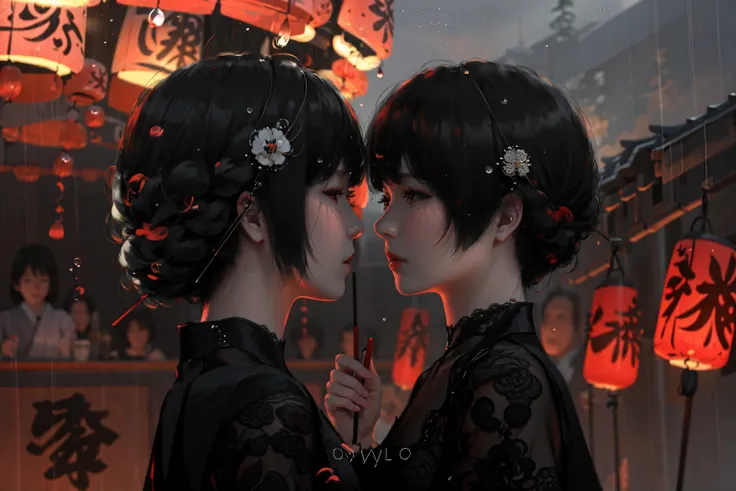 (masterpiece), best quality, ultra high res, super long hair, rim light, back light, choker,
fire, flame, smoke, blurry background,
1girl, solo, short hair, black hair, holding, closed mouth, upper body, japanese clothes, artist name, kimono, black eyes, lips, profile, umbrella, rain, lantern, holding umbrella, red lips, oil-paper umbrella, black kimono, paper lantern,
<lora:WLOP-04:1>