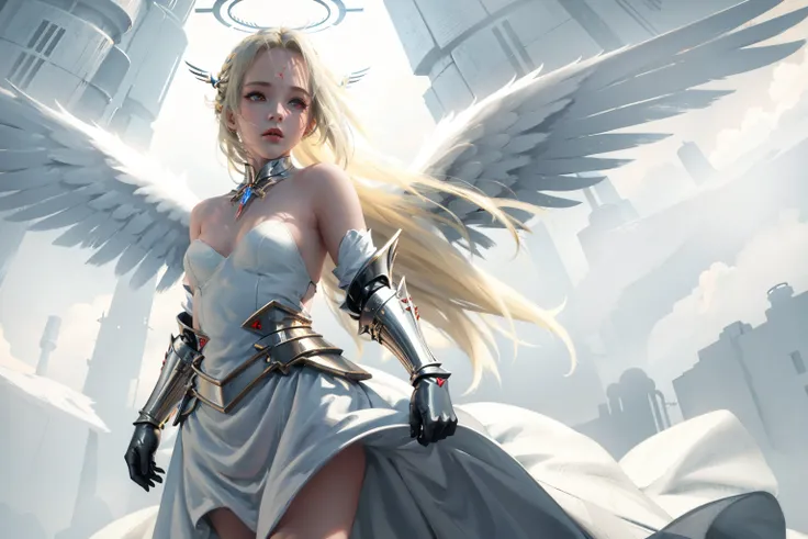 1girl, solo, long hair, blonde hair, gloves, dress, bare shoulders, small breasts, wings, white dress, lips, halo, facial mark, gauntlets, forehead mark, angel, red lips, mechanical wings,
<lora:WLOP-04:0.8>