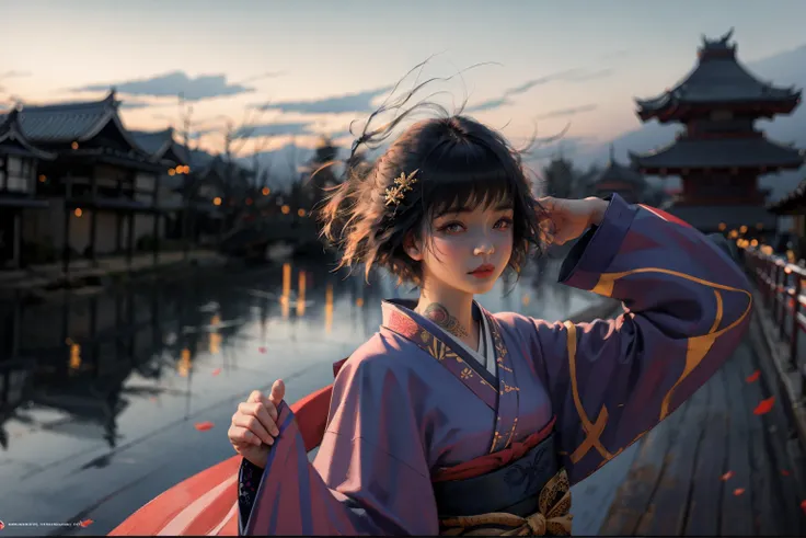 1girl, solo, looking at viewer, short hair, black hair, hair ornament, long sleeves, brown eyes, outdoors, parted lips, japanese clothes, sky, day, wide sleeves, kimono, blurry, blue sky, lips, sleeves past wrists, hands up, tattoo, depth of field, blurry background, portrait, realistic, nose, blue kimono, 
(rim light),
 <lora:WLOP1-04:1> <lora:lowra_v10:0.3>
