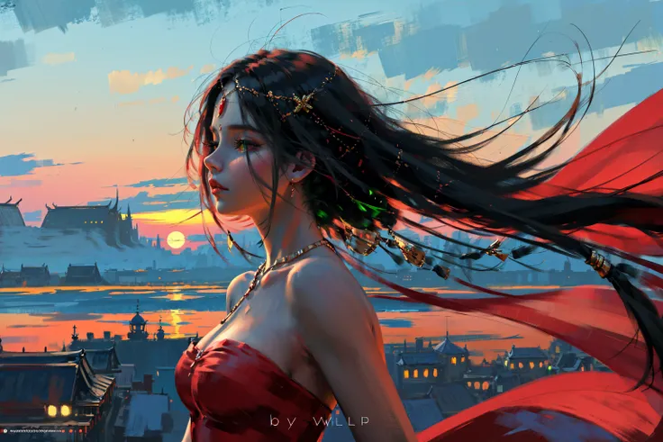 sinple background, oilpainting style, red dress,super long hair, head chain,
rim light, back light, sunset, pastel color,
1girl, solo, long hair, looking at viewer, black hair, jewelry, green eyes, upper body, earrings, sky, necklace, arm up, from side, strapless, blue background, wind,
<lora:WLOP1-04:1.05>