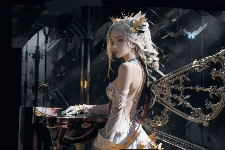 1girl, solo, long hair, blonde hair, gloves, dress, bare shoulders, small breasts, wings, white dress, lips, halo, facial mark, gauntlets, forehead mark, angel, red lips, mechanical butterfly wings, mechanical hands, nipples, see through, peacock tails,
<lora:WLOP1-04:0.9> <lora:lowra_v10:1> <lora:hanfu_v29:0.8>