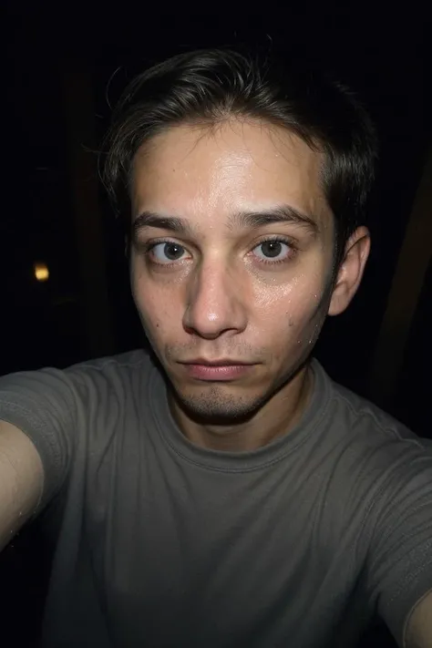 selfie (1man), (dark night:1.2),panicking expression, motion blur,grain,(sweat:0.8), unaesthetic