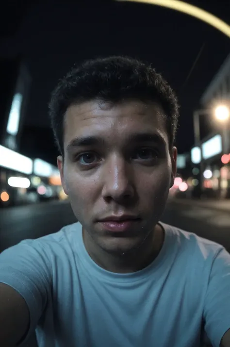 close-up selfie of 1man, (dark empty street),(panicking), flash, (motion blur:1.1),(infrared:1.2), film grain,night, (fisheye:0.6), high contrast, sweatdrop,