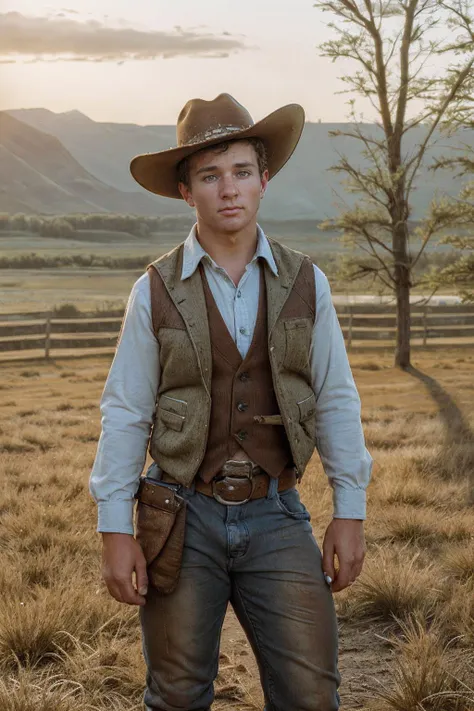 full body photo of jjperson <lora:josh_joyce-11:0.8>, standing on a ranch, dressed as a cowboy, shirt, vest, pants, chaps, jeans, plaid, belt, natural sunlight, rustic-aesthetic, majestic western landscape background, rustic-charm