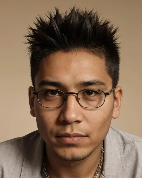 Photo (2man), twenties, glasses, Navajo skin imperfections, shaved smooth hairless face, spiked hair,