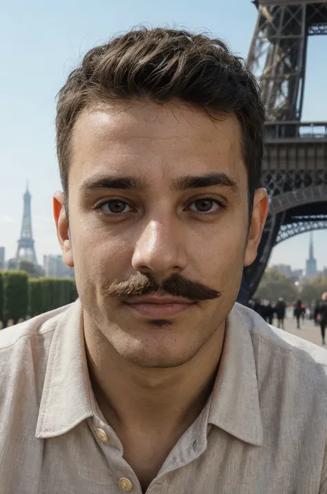 photo (1man), portrait, brown eyes, large pectorals, handsome, french, mustache,eiffel tower, blur background, facing viewer, baguette