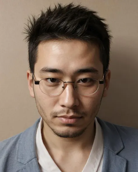 Photo (2man), twenties, glasses, Japanese skin imperfections, chinstrap facial hair, spiked hair,