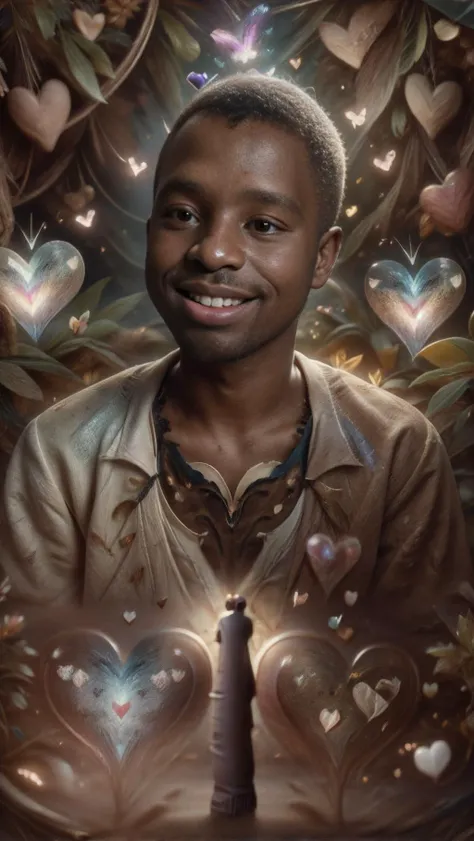 (African male:2),(Black skintone:2),(Dark skincolor:2),(Ebony skin:2),(African-American:2),(Masculine, Rugged:2),
(Andre Wilson is smiling proudly, exuberantly, in a mystical glade:2),(The mystical, magical, ethereal glade is expansive and overtaking:0.8),(The verdant greens, yellows, and blues mix to create a tapestry of beauty:1.3),(Hearts flutter through the air as if compelled by magical momentum:2),
((Longshot))((Full-body view)),((best quality)),((masterpiece)),((realistic)),
<lora:ip-adapter-faceid-plusv2_sd15_lora:1>,<lora:weight_slider_v2:0.4>,<lora:muscle_slider_v1:-2.1>,<lora:HeightRatioSlider_v2:-0.4>,<lora:add_sharpness:0.8>,<lora:ValentineNatureStyle:1>,<lora:Valentines-day-style-darquelilly-v1:1>,<lora:Valentine_v1:1>,<lora:Diamond_Meteor_Shower:0.7>,