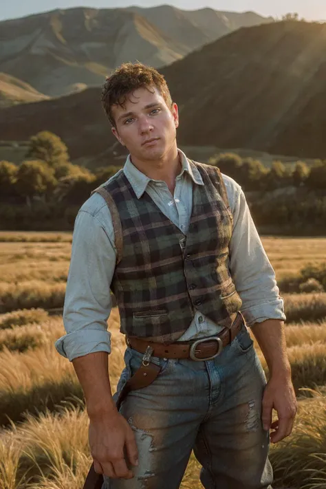 photo of jjperson <lora:josh_joyce-11:0.8>, standing on a ranch, dressed as a cowboy, shirt, vest, pants, chaps, jeans, plaid, belt, natural sunlight, rustic-aesthetic, sweeping western landscape background