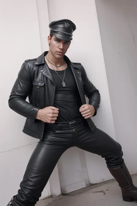 <lora:kris_evans-08:0.8> photo of kris_evans, kris_leather, biker cap, dressed as a leather biker, biker boots, black leather jacket, rugged jeans, white t-shirt, standing confidently, smoldering gaze, chain necklace, BREAK bright even light, stark white walls, minimalist background