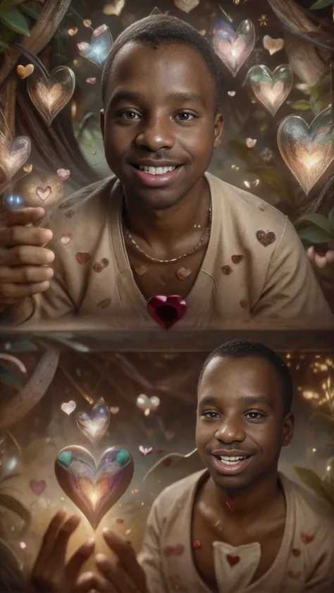 (African male:2),(Black skintone:2),(Dark skincolor:2),(Ebony skin:2),(African-American:2),(Masculine, Rugged:2),
(Andre Wilson is smiling proudly, exuberantly, in a mystical glade:2),(The mystical, magical, ethereal glade is expansive and overtaking:0.8),(The verdant greens, yellows, and blues mix to create a tapestry of beauty:1.3),(Hearts flutter through the air as if compelled by magical momentum:2),
((Longshot))((Full-body view)),((best quality)),((masterpiece)),((realistic)),
<lora:ip-adapter-faceid-plusv2_sd15_lora:1>,<lora:weight_slider_v2:0.4>,<lora:muscle_slider_v1:-2.1>,<lora:HeightRatioSlider_v2:-0.4>,<lora:add_sharpness:0.8>,<lora:ValentineNatureStyle:1>,<lora:Valentines-day-style-darquelilly-v1:1>,<lora:Valentine_v1:1>,<lora:Diamond_Meteor_Shower:0.3>,
