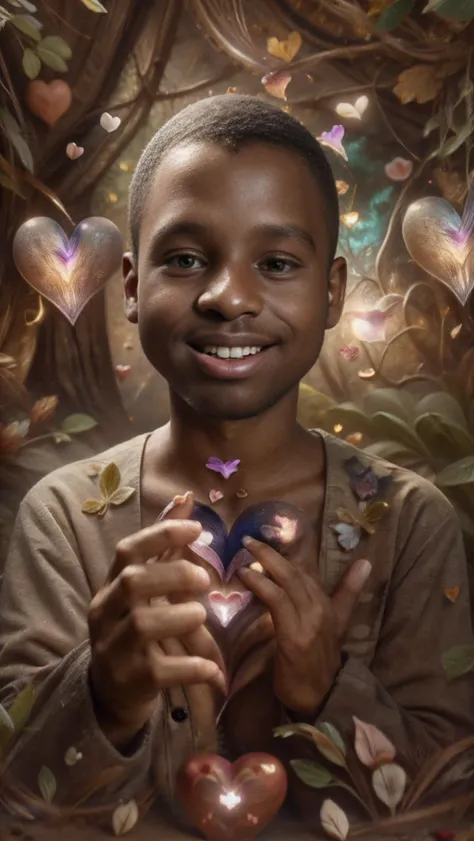 (African male:2),(Black skintone:2),(Dark skincolor:2),(Ebony skin:2),(African-American:2),
(Andre Wilson is smiling proudly, exuberantly, in a mystical glade:2),(The mystical, magical, ethereal glade is expansive and overtaking:0.8),(The verdant greens, yellows, and blues mix to create a tapestry of beauty:1.3),(Hearts flutter through the air as if compelled by magical momentum:2),
((Longshot))((Full-body view)),((best quality)),((masterpiece)),((realistic)),
<lora:ip-adapter-faceid-plusv2_sd15_lora:1>,<lora:weight_slider_v2:0.4>,<lora:muscle_slider_v1:-2.1>,<lora:HeightRatioSlider_v2:-0.4>,<lora:add_sharpness:0.8>,<lora:ValentineNatureStyle:1>,<lora:Valentines-day-style-darquelilly-v1:1>,<lora:Valentine_v1:1>,<lora:Diamond_Meteor_Shower:0.3>,