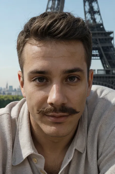 photo (1man), portrait, brown eyes, large pectorals, handsome, french, mustache,eiffel tower, blur background, facing viewer