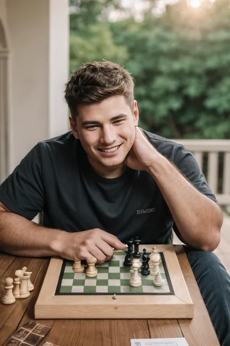 epiCPhoto, best quality, masterpiece, intricate details, (full body,from above,photo of a 23 year old boy,playing chess,happy,laughing,ray tracing,detail shadow,shot on Fujifilm X-T4,85mm f1.2,sharp focus,depth of field,blurry background,bokeh,lens flare,motion blur,)