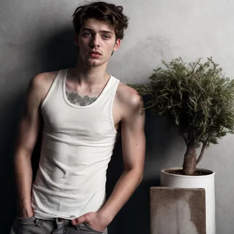 Raw photograph, 1boy, rugged twink, fashion magazine shoot,  white tank top, pot plant, grey background, (deviant mood), skin imperfections, (GS-Boyish:0.3)