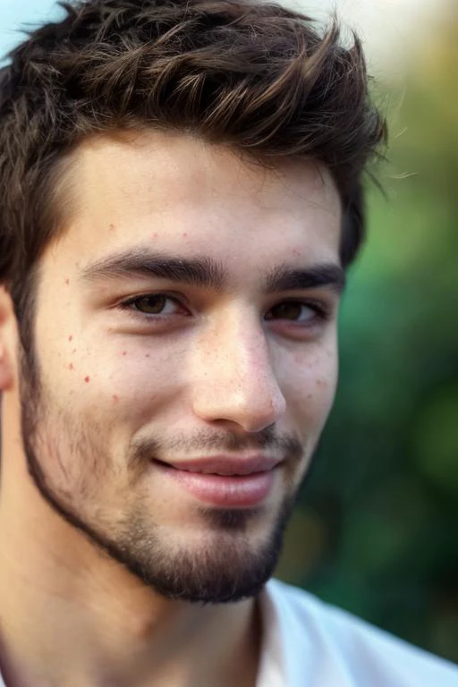 1man, handsome, 25 years old,facial hair,messy hair,masterpiece, photorealistic, skin imperfections, natural skin, (brown eyes), smile,analog film,bokeh,raw, film,eterna,