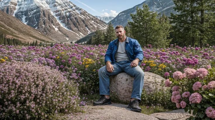 Best quality, masterpiece, ultra high res,detailed background,realistic,illustration,Magazine cover poster,magazine scan,english,solo,yaoi,1boy,mature male,thick thighs,manly,handsome,muscular,under cut,short hair,facial hair,jacket,flower field,model,streetwear fashion,headline, logos labels,graphic design,depth of field,sitting on the rock,